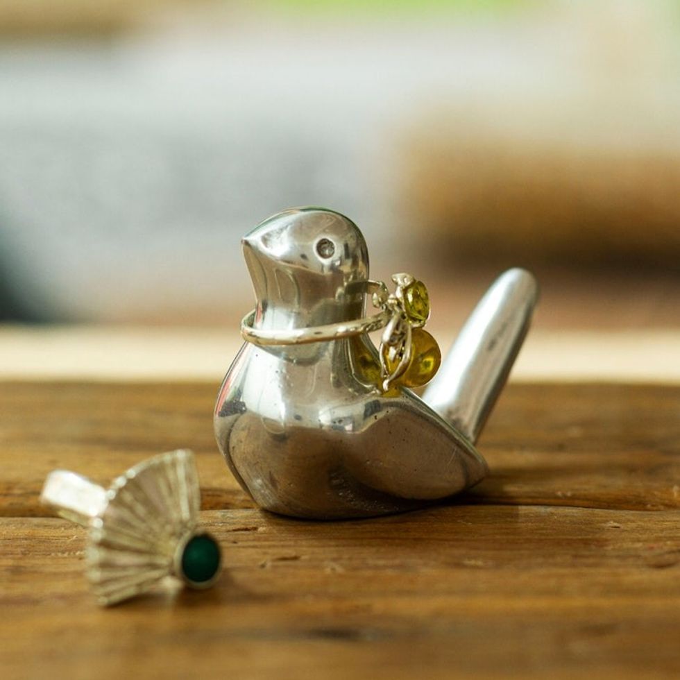Modern Polished Pewter Dove Ring Holder from Mexico 'Shining Dove'