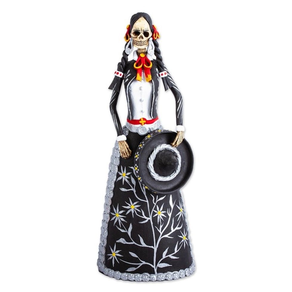 Handcrafted Day of the Dead Ceramic Skeleton Sculpture 'Mariachi Catrina'