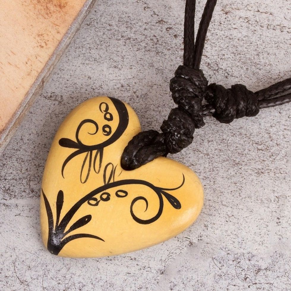 Handmade Beige Hand Painted Heart Necklace in Papier Mache 'Reaching Heart'