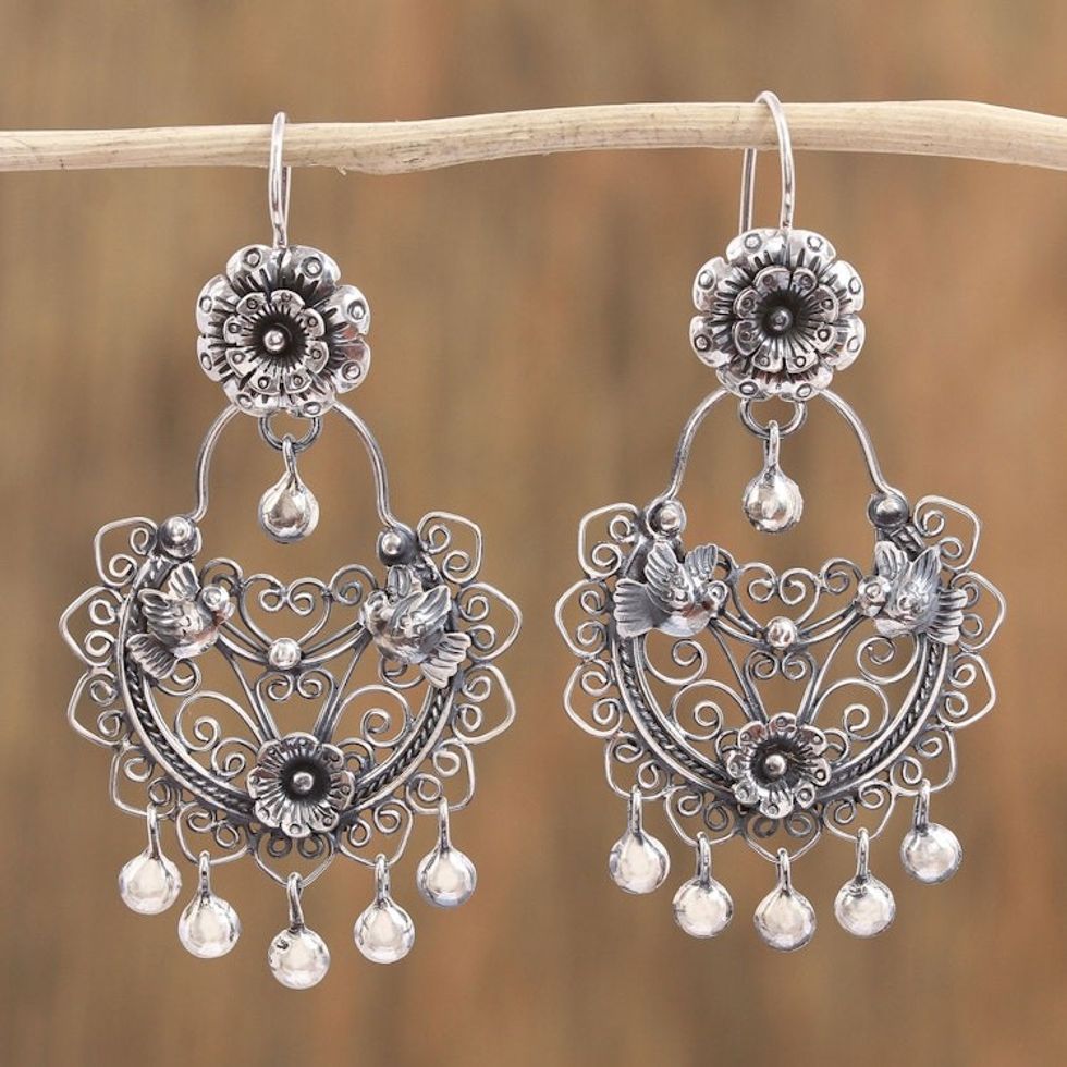 Flower and Bird-Themed Sterling Silver Earrings from Mexico 'Love and Hope'