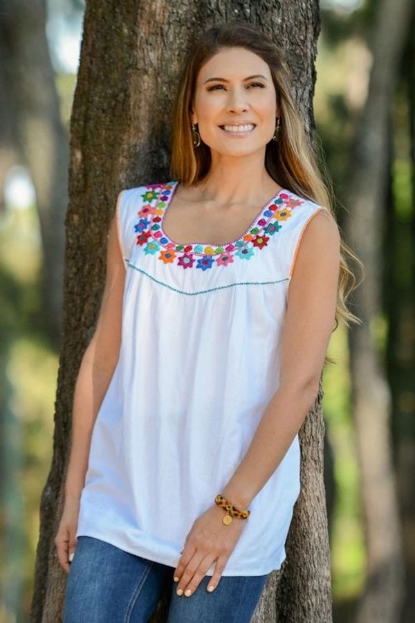 Alternate image for White with Colorful Embroidery Cotton Sleeveless Blouse Daisy Daydream