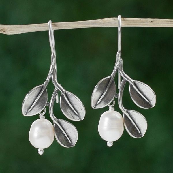 Alternate image for Dangle Earrings with Cultured Pearls and 925 Silver Leaves Iridescent Pears