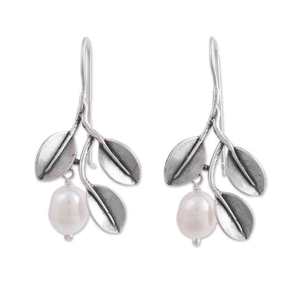 Alternate image for Dangle Earrings with Cultured Pearls and 925 Silver Leaves Iridescent Pears