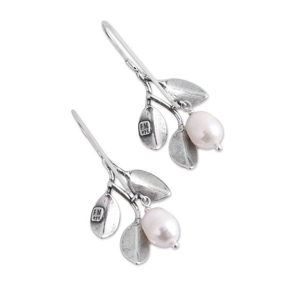 Alternate image for Dangle Earrings with Cultured Pearls and 925 Silver Leaves Iridescent Pears