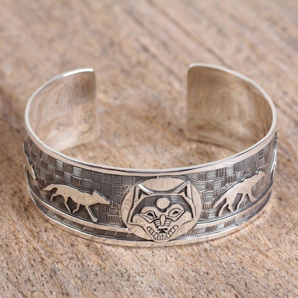 Taxco Sterling Silver Wolf Cuff Bracelet from Mexico 'Lunar Wolves'