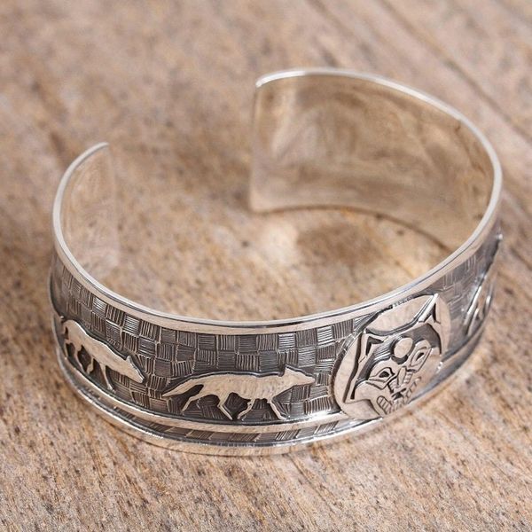 Alternate image for Taxco Sterling Silver Wolf Cuff Bracelet from Mexico Lunar Wolves