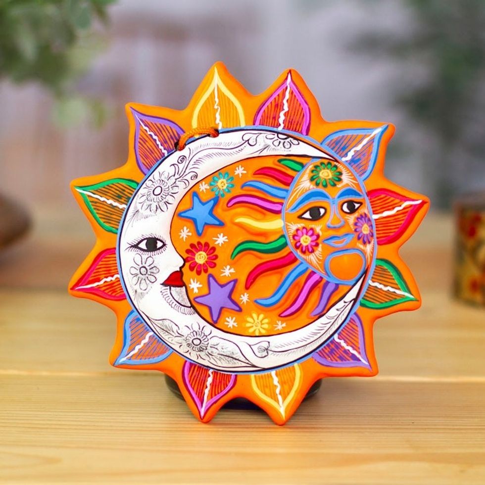 Multicolored Ceramic Sun and Moon Wall Art from Mexico 'Celestial Flower'