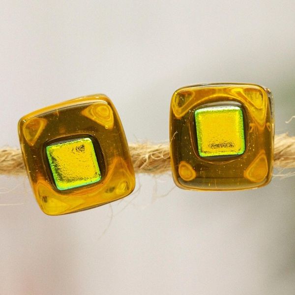 Alternate image for Yellow Fused Glass Mosaic Stud Earrings Handmade in Mexico Yellow Dichroic