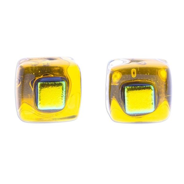 Alternate image for Yellow Fused Glass Mosaic Stud Earrings Handmade in Mexico Yellow Dichroic