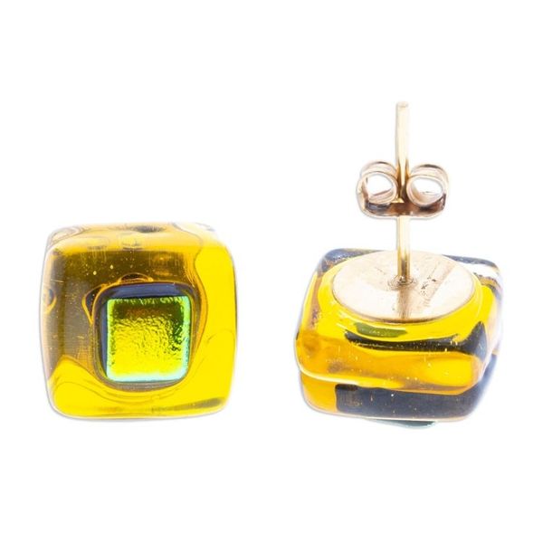 Alternate image for Yellow Fused Glass Mosaic Stud Earrings Handmade in Mexico Yellow Dichroic