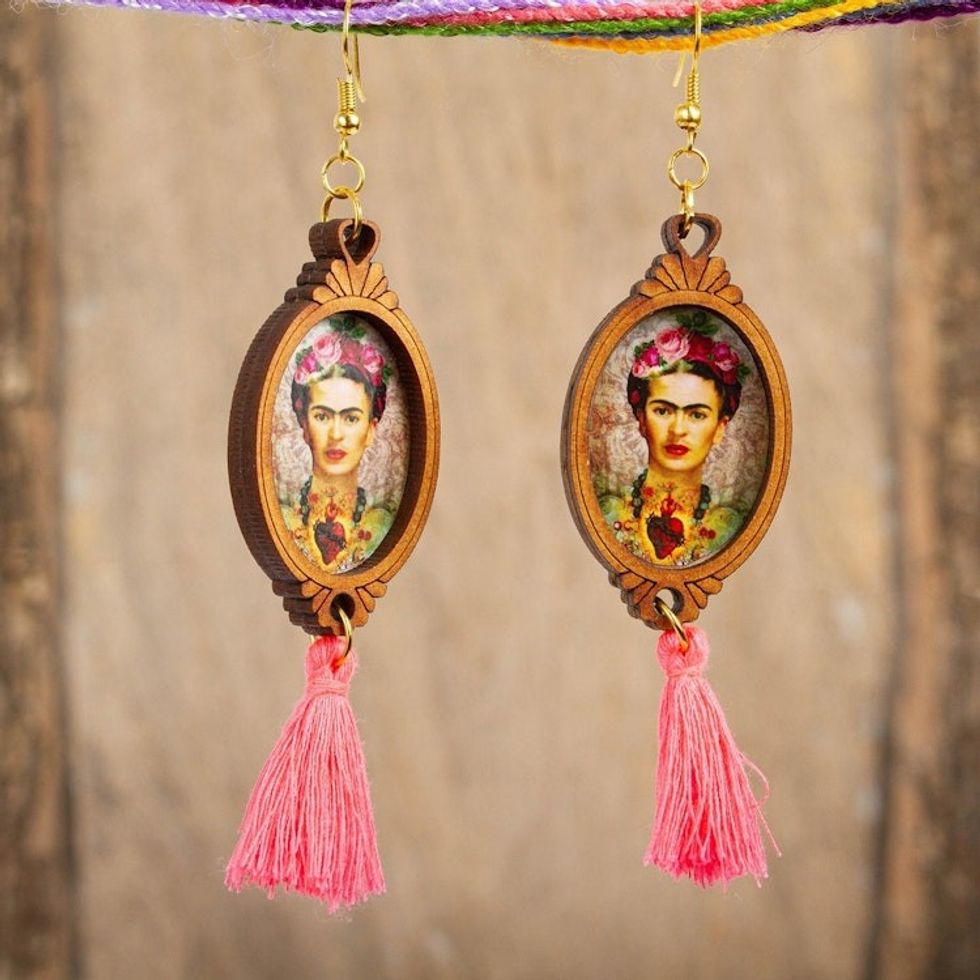 Handcrafted Frida Kahlo Sacred Heart Wood Dangle Earrings 'Heartfelt Frida'