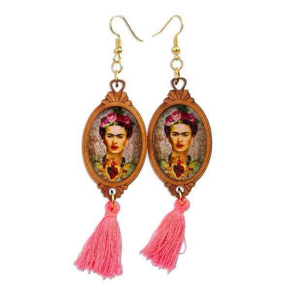 Alternate image for Handcrafted Frida Kahlo Sacred Heart Wood Dangle Earrings Heartfelt Frida