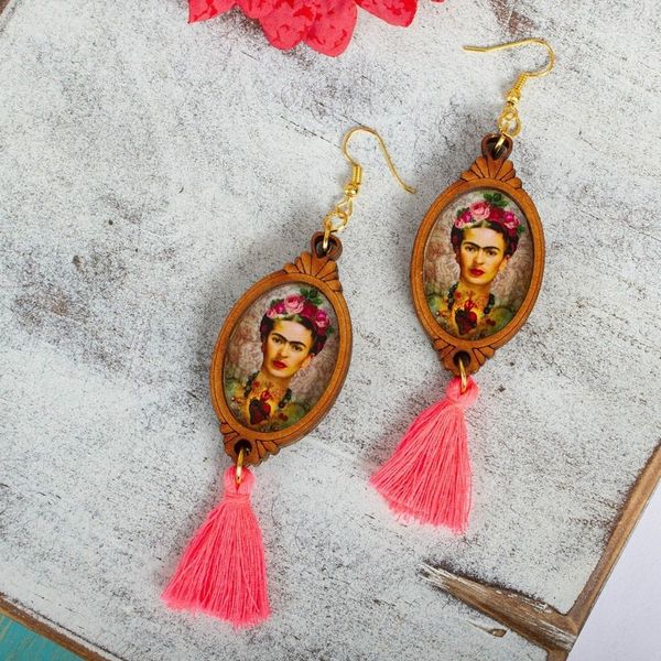 Alternate image for Handcrafted Frida Kahlo Sacred Heart Wood Dangle Earrings Heartfelt Frida
