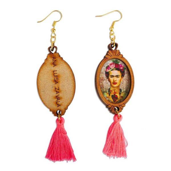 Alternate image for Handcrafted Frida Kahlo Sacred Heart Wood Dangle Earrings Heartfelt Frida