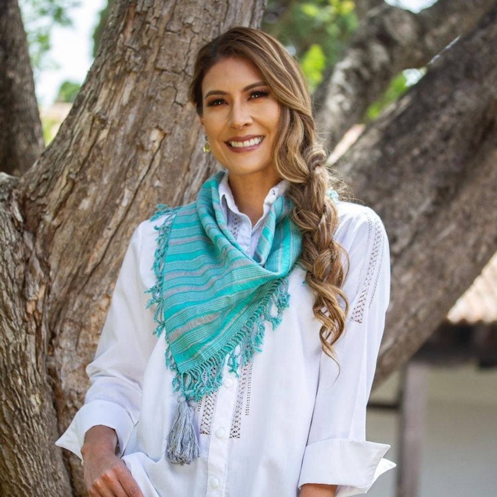 Handwoven Cotton Scarf in Turquoise and Smoke from Mexico 'Sweet Stripes in Turquoise'