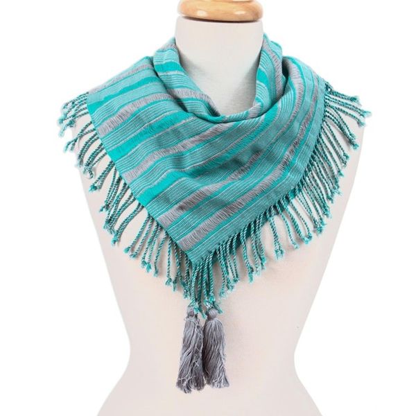 Alternate image for Handwoven Cotton Scarf in Turquoise and Smoke from Mexico Sweet Stripes in Turquoise