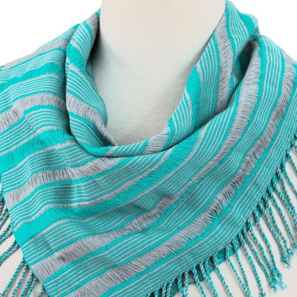 Alternate image for Handwoven Cotton Scarf in Turquoise and Smoke from Mexico Sweet Stripes in Turquoise