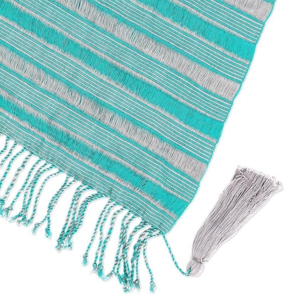 Alternate image for Handwoven Cotton Scarf in Turquoise and Smoke from Mexico Sweet Stripes in Turquoise