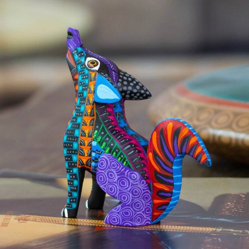 Wood Alebrije Coyote Figurine Hand-Painted in Mexico 'Spirited Coyote'