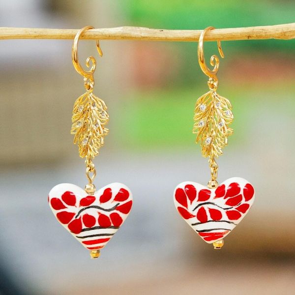 Alternate image for 14k Gold-Accented Leaf Heart-Shaped Ceramic Dangle Earrings Talavera Romance