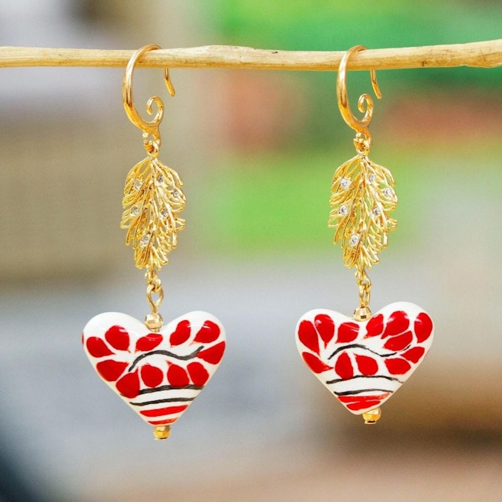 14k Gold-Accented Leaf Heart-Shaped Ceramic Dangle Earrings 'Talavera Romance'