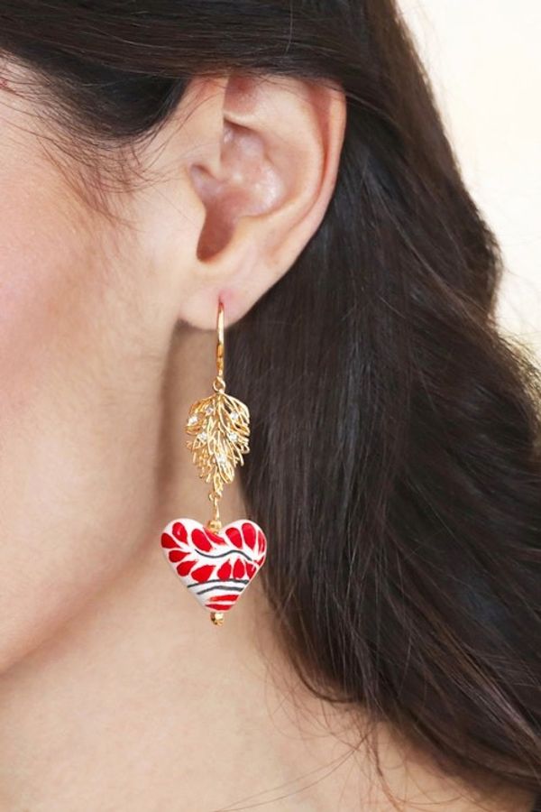 Alternate image for 14k Gold-Accented Leaf Heart-Shaped Ceramic Dangle Earrings Talavera Romance