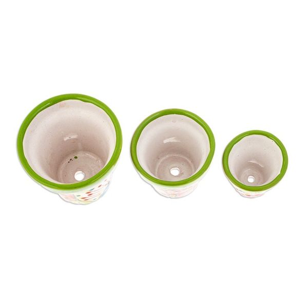 Alternate image for Set of 3 Hand-Painted Talavera Ceramic Flower Pots in Kiwi Flourishing Flora
