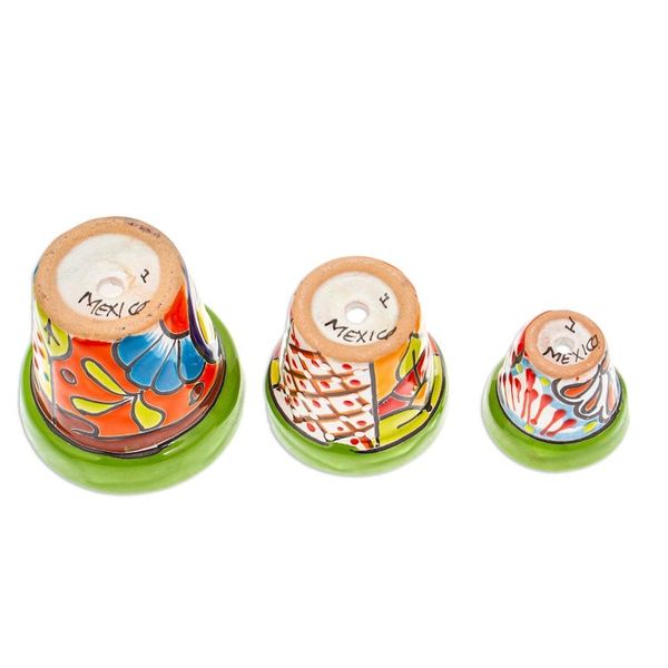 Alternate image for Set of 3 Hand-Painted Talavera Ceramic Flower Pots in Kiwi Flourishing Flora