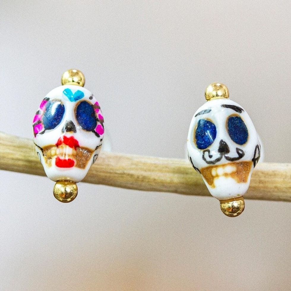 Handmade Day of The Dead 14k Gold-Accented Stud Earrings 'To the Afterlife'