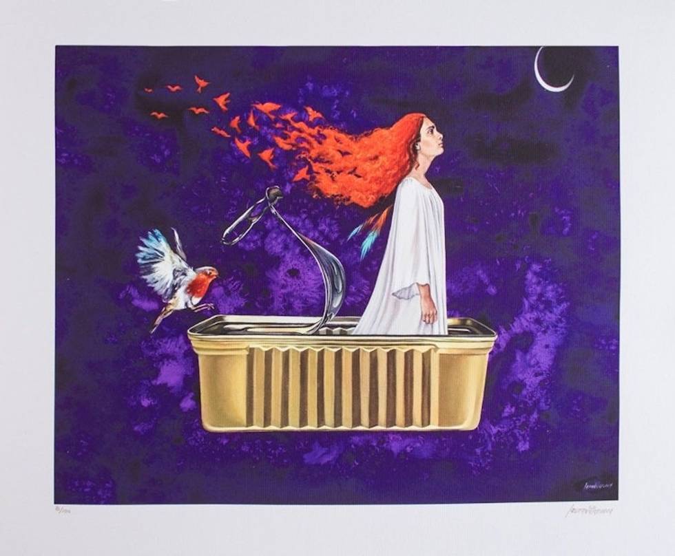 Signed Surrealist Print of a Girl in a Tin Can from Mexico 'Bird of Fire'