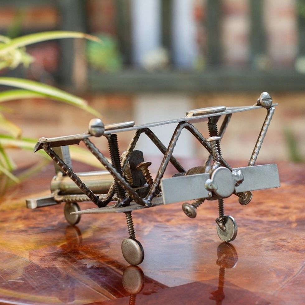 Hand Crafted Recycled Metal Rustic Mexico Sculpture 'Rustic Biplane'