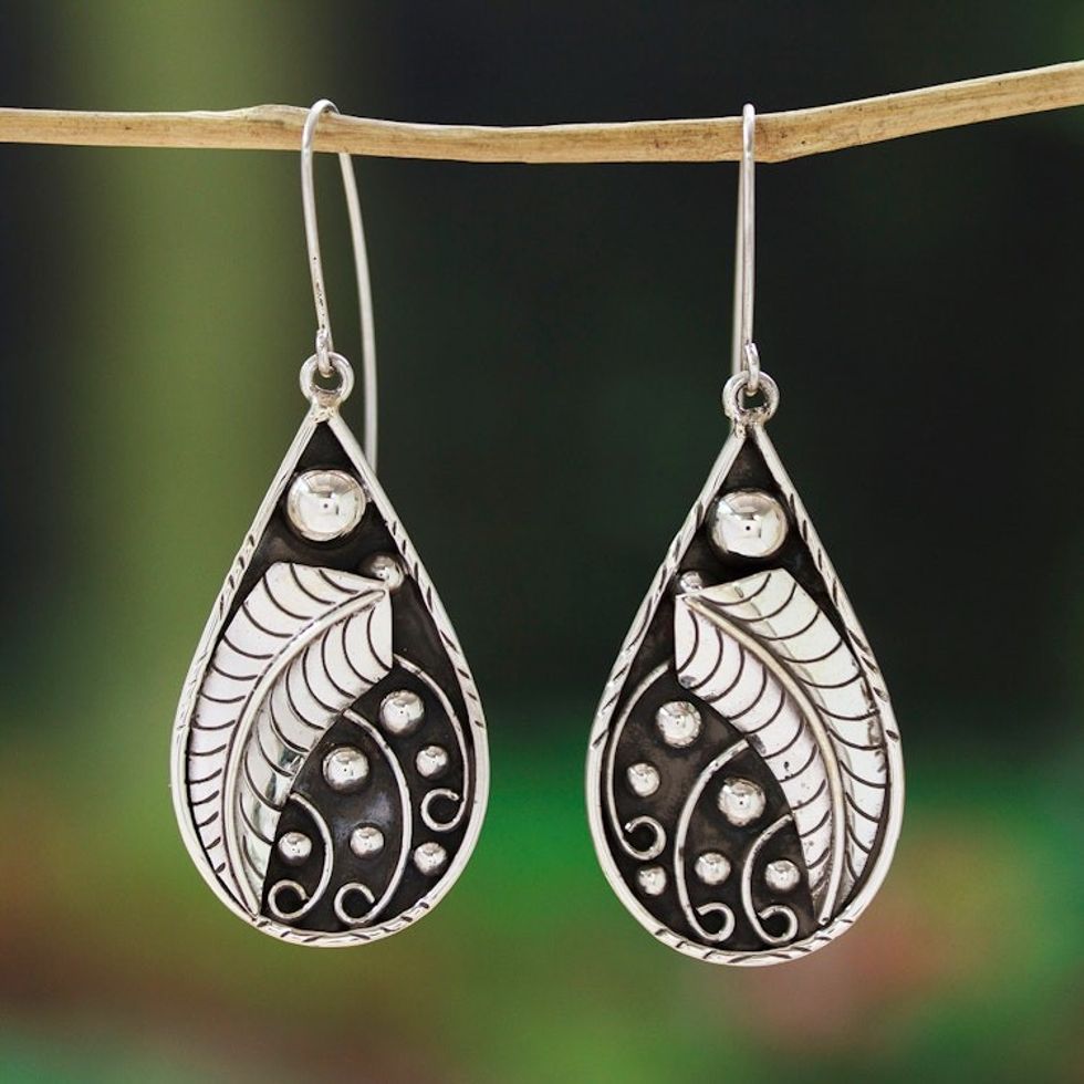 Drop-Shaped Leafy Sterling Silver Dangle Earrings 'Tears from Nature'