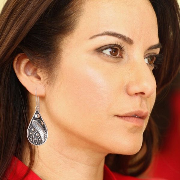 Alternate image for Drop-Shaped Leafy Sterling Silver Dangle Earrings Tears from Nature