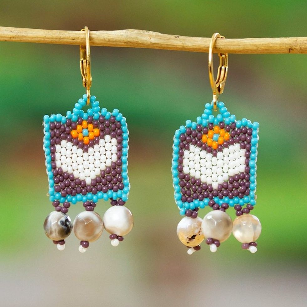 Glass and Agate Beaded Heart Dangle Earrings in Purple Hues 'Love in Purple'