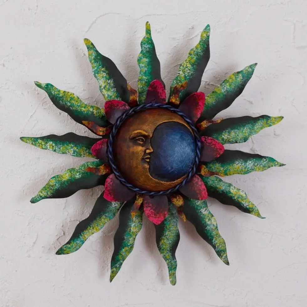 Crescent Moon Steel Wall Sculpture in Green from Mexico 'Gleaming Eclipse'