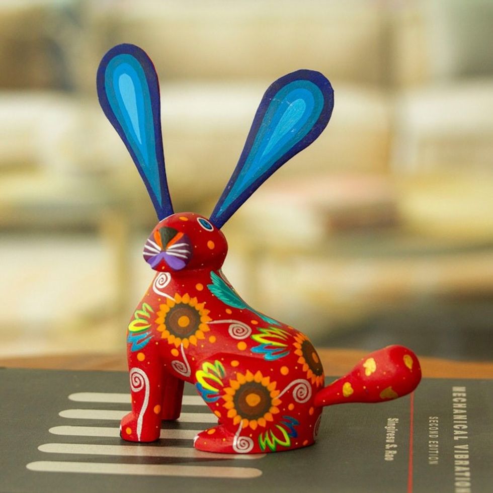 Floral Russet Copal Wood Alebrije Bunny Figurine from Mexico 'Fluffy Russet Ears'