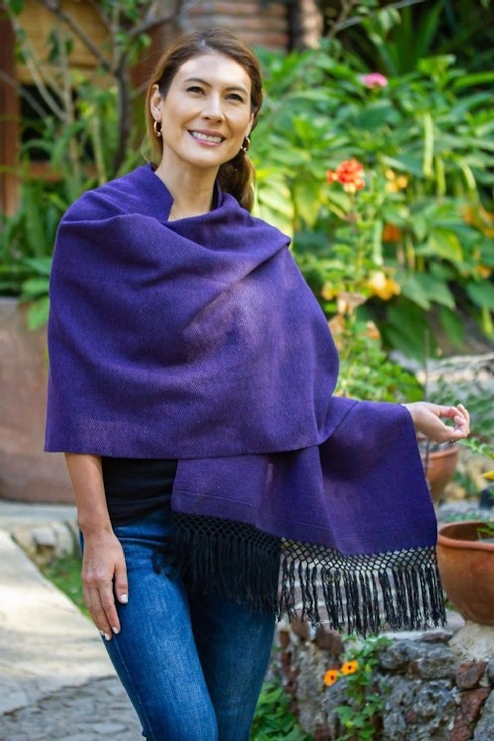 Zapotec Purple and Black Diamond Striped Cotton Rebozo 'Striped Diamonds in Purple'