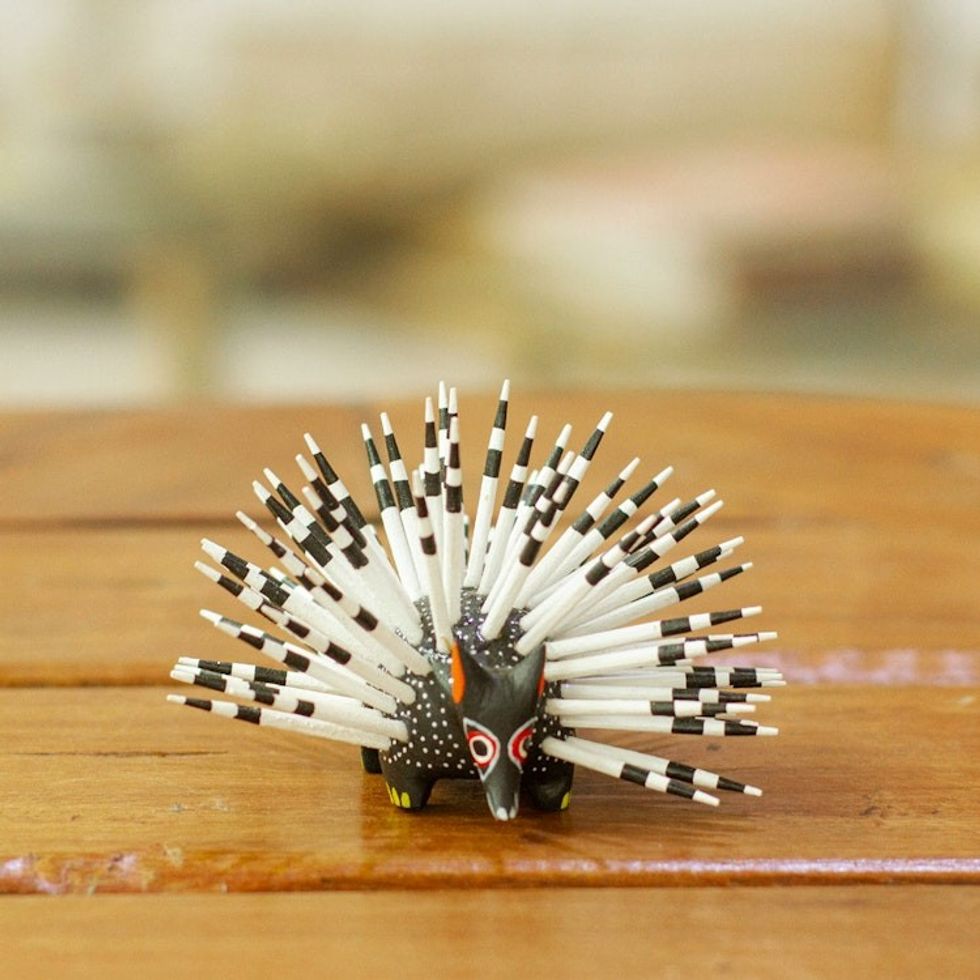 Hand-Painted Wood Alebrije Porcupine Figurine in Black 'Cute Porcupine in Black'