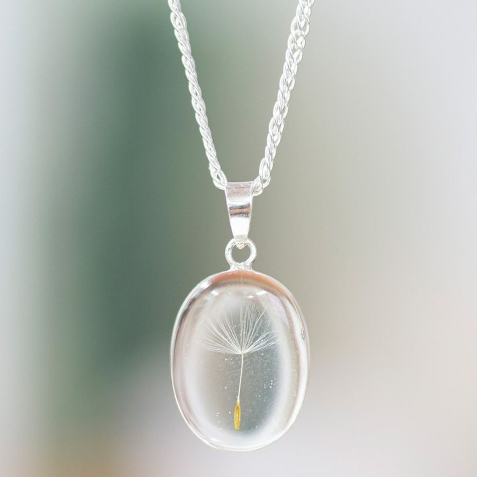 Oval Clear Natural Dandelion Resin Pendant Necklace 'Daylight Rebirth'