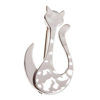 Alternate image for Taxco Sterling Silver Handcrafted Modern Cat Brooch Pin Moonlit Silhouette