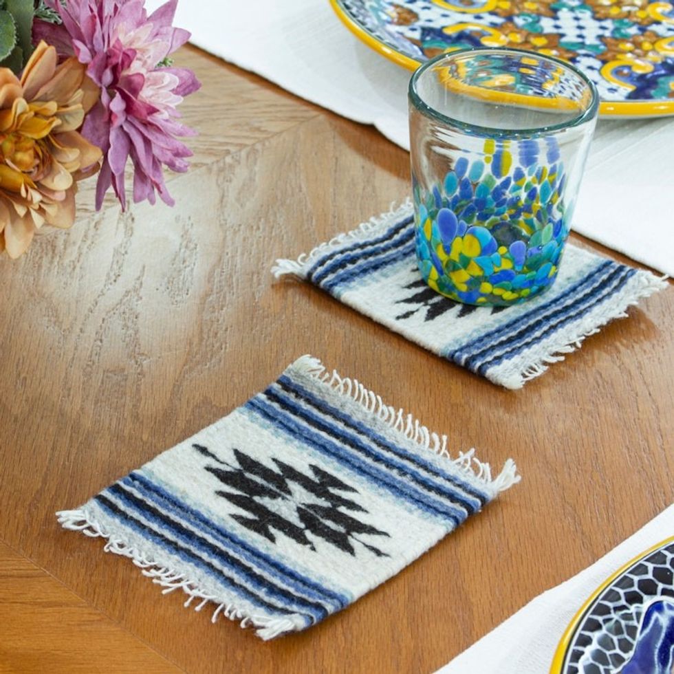 Pair of Coasters Hand-Woven from Wool with Mexican Motifs 'Blue Mexico'