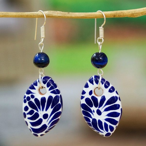 Alternate image for Tigers Eye and Ceramic Dangle Earrings in Blue and White Puebla Blues