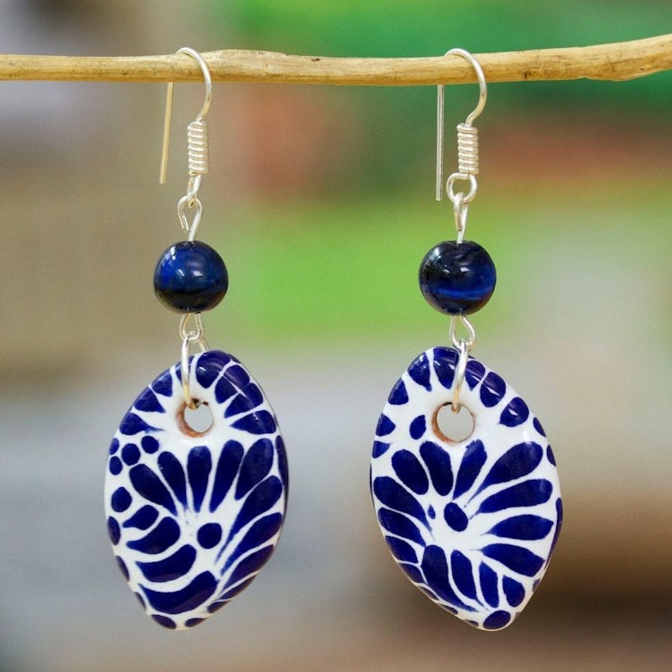 Tiger's Eye and Ceramic Dangle Earrings in Blue and White 'Puebla Blues'