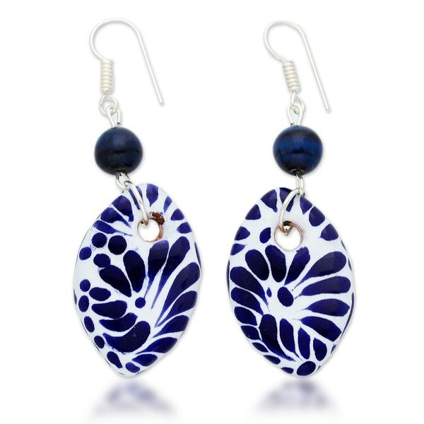 Alternate image for Tigers Eye and Ceramic Dangle Earrings in Blue and White Puebla Blues