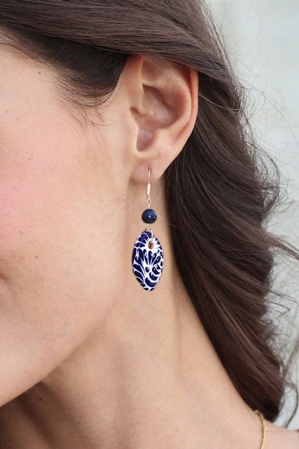Alternate image for Tigers Eye and Ceramic Dangle Earrings in Blue and White Puebla Blues
