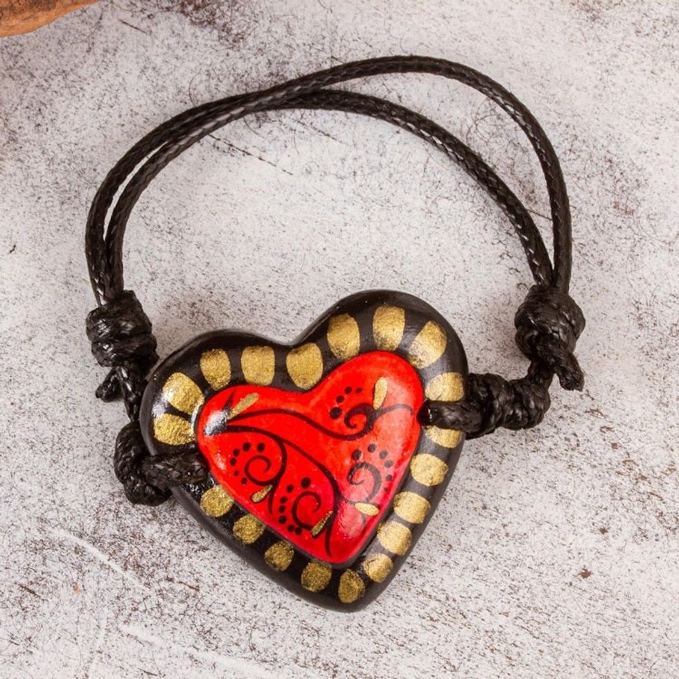 Papier Mache Adjustable Red Heart Golden Trim Bracelet 'Gold Kissed Heart'
