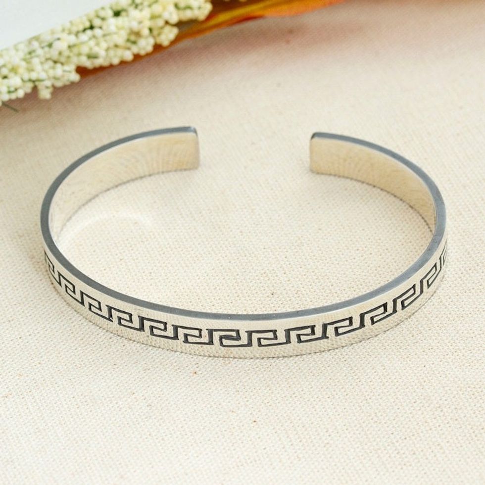Taxco Silver Cuff Bracelet with Aztec-Inspired Motifs 'Aztec Charm'