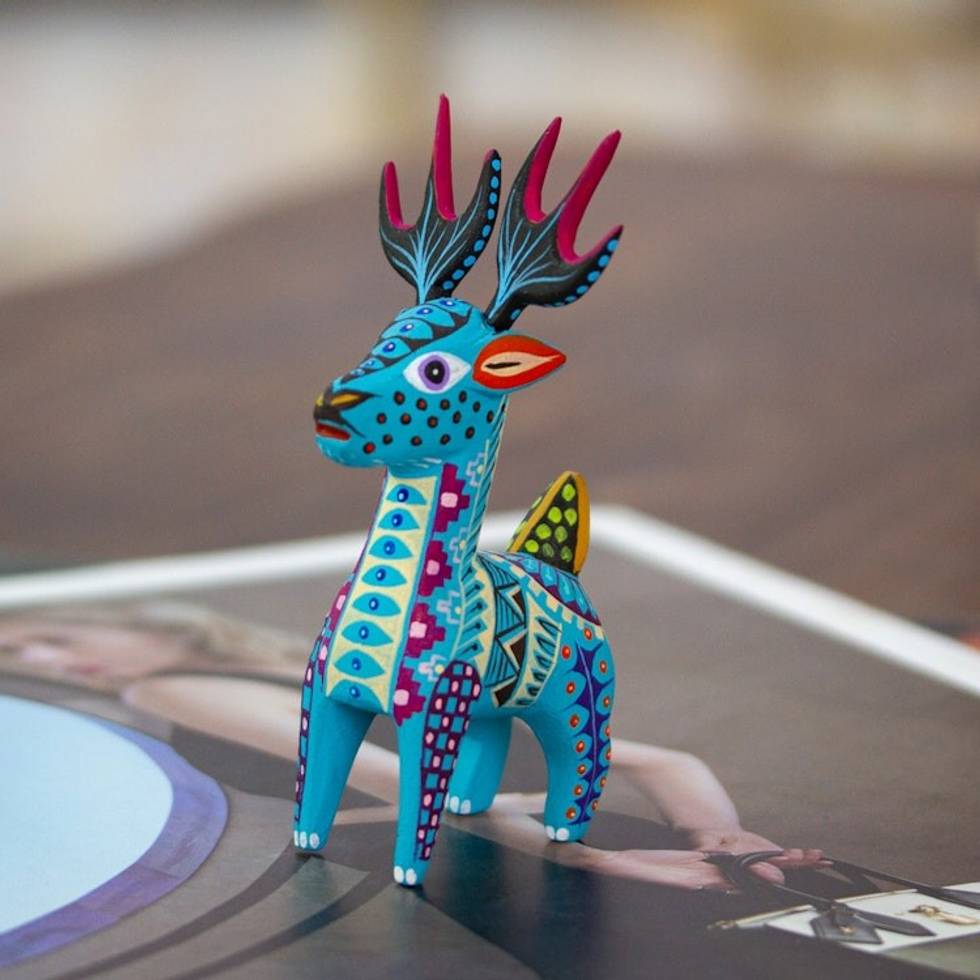 Copal Wood Alebrije Deer Figurine Painted in Turquoise Hues 'Charming Turquoise Deer'