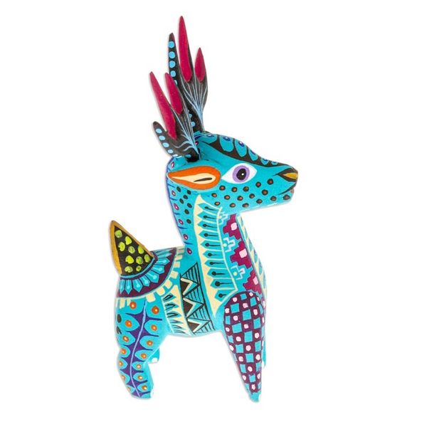 Alternate image for Copal Wood Alebrije Deer Figurine Painted in Turquoise Hues Charming Turquoise Deer