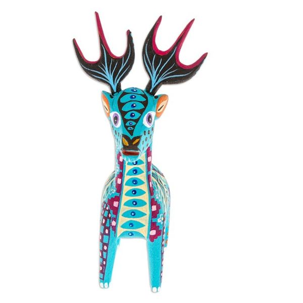 Alternate image for Copal Wood Alebrije Deer Figurine Painted in Turquoise Hues Charming Turquoise Deer